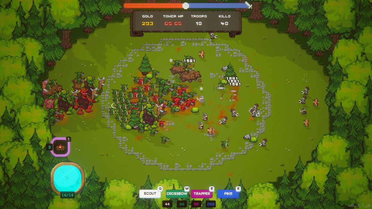 Crown Siege gameplay: soldiers defending a castle tower in a forest clearing