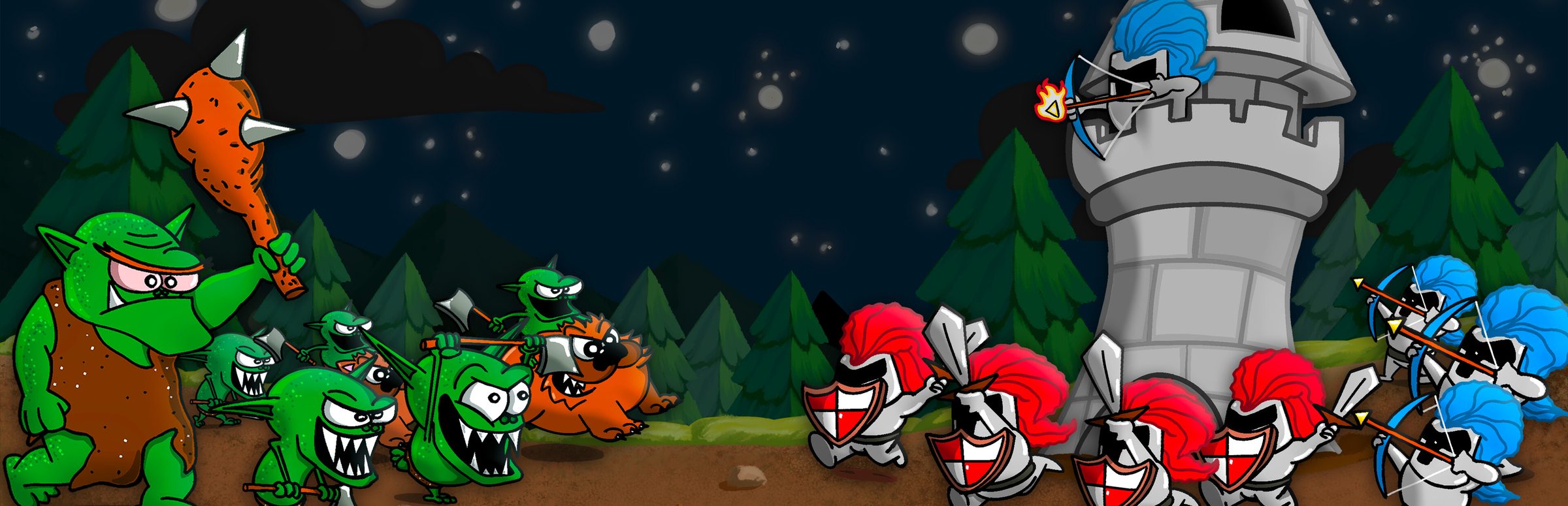 Knights defending a stone tower against goblins and ogres in Crown Siege