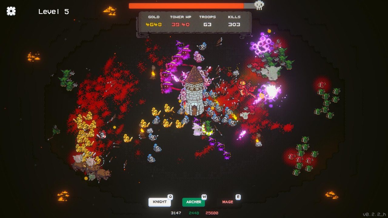 Night battle in Crown Siege with burning ground and heavy enemy waves